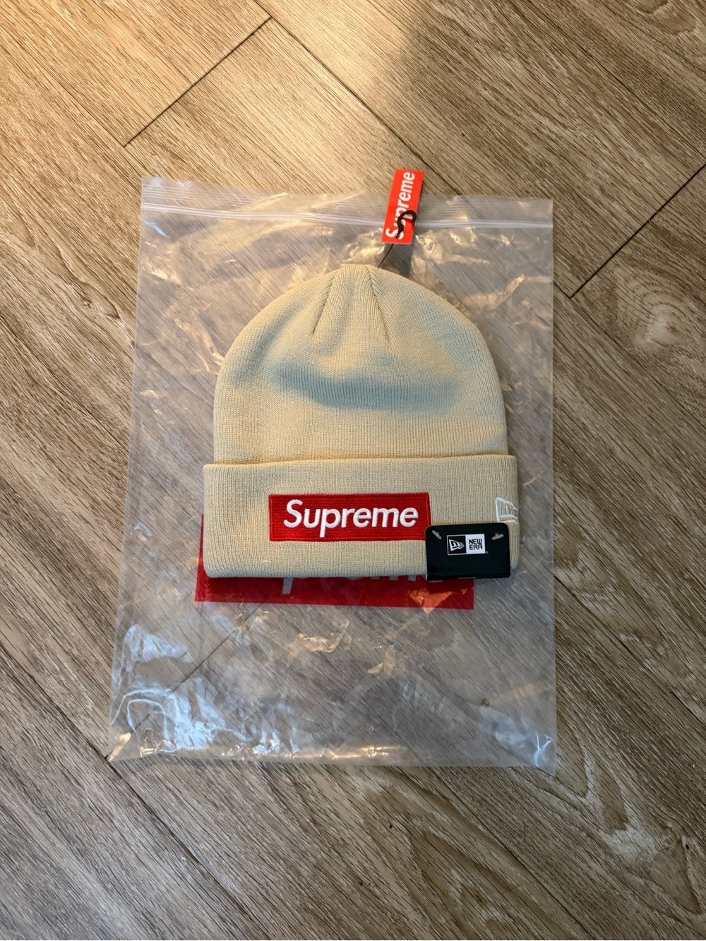 Supreme Cream Beanie - Iconic Red Logo